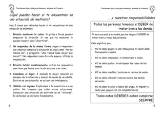 Tratémonos bien. Guía para alumnos y alumnas de Primaria            Tratémonos bien. Guía para alumnos y alumnas de Primaria   .


¿Qué puedes hacer si te encuentras en
una situación de maltrato?                                                       … y nuestras responsabilidades

Hay 5 cosas que deberías hacer si te encuentras en una              Todas las personas tenemos el DEBER de
situación de maltrato:                                                              tratar bien a los demás.
1. Intenta mantener la calma. Si gritas o lloras puedes         En esta escuela y en todas partes tengo el DEBER de
   empeorar la situación. Si ven que te molestan lo             tratar bien a todas las personas.
   pueden repetir para “divertirse”.
                                                                Esto significa que...
2. No respondas de la misma forma: pegar o responder
   con insultos complica la situación. Di algo como “No me      ·   YO no debo pegar, ni dar empujones, ni hacer daño
   hables así”, o pregunta: “¿No tienes nada mejor que              físicamente a nadie.
   hacer?”. No respondas como él o ella espera. Utiliza la
                                                                ·   YO no debo amenazar, ni atemorizar a nadie.
   imaginación.
                                                                ·   YO no debo quitar, ni estropear las cosas de los
3. Intenta hablar amistosamente, utiliza las respuestas
                                                                    demás.
   asertivas que hayas practicado en casa o en clase.
                                                                ·   YO no debo insultar, burlarme ni reirme de nadie.
4. Abandona el lugar. A menudo la mejor solución es
   escapar de la situación y buscar la ayuda de un adulto.      ·   YO no debo difundir rumores sobre las demás
   Esto no es una cobardía, es actuar con inteligencia.             personas.

5. Háblalo con alguien. Explícaselo a tu maestro/a o a un       ·   YO no debo excluir a nadie del grupo, ni impedir a
   adulto. No tenemos que callar estas situaciones.                 nadie que juegue con los compañeros/as.
   Denunciar una situación de maltrato no es “chivarse”.
   Es defender un derecho fundamental.                               Todos estos DEBERES deben cumplirse
                                                                                               SIEMPRE
8                                                                                                                                   5
 
