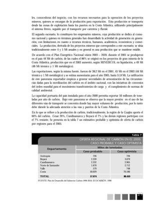 29
Tabla 7
OFERTA REGIONAL DE CARBÓN EN EL 2005.
CASO PROBABLE Y CASO OPTIMISTA
Miles de toneladas
Caso probable Caso optimista
Antioquia 726 726
Boyacá 2.339 3.079
Cundinamarca 2.332 2.965
Norte de Santander 1.670 2.712
Valle 579 748
Costa 50.029 70.180
TOTAL 57.674 80.410
FUENTE: Plan de Desarrollo del Subsector Carbón 1999-2010. ECOCARBÓN. 1998
Departamento
les, conocedoras del negocio, con los recursos necesarios para la operación de los proyectos
mineros, quienes se encargan de la producción para exportación. Esta producción se transporta
desde las zonas de explotación hasta los puertos en la Costa Atlántica, utilizando principalmente
el sistema férreo, seguido por el transporte por carretera y fluvial.
El segundo escenario, lo constituyen los empresarios mineros, cuya producción se dedica al consu-
mo nacional y quienes en términos generales han desarrollado la actividad de generación en genera-
ción, con limitaciones en cuanto a recursos técnicos, humanos, académicos, económicos y comer-
ciales. La producción, derivada de los proyectos mineros que corresponden a este escenario, se sitúa
tradicionalmente entre 4 y 5 Mt anuales y en general es una producción que se mantiene estable.
De acuerdo con el Plan Energético Nacional visión 2003 – 2020, durante el 2001 se produjeron
en el país 44 Mt de carbón, de las cuales el 86% se originó en los proyectos de gran minería de la
Costa Atlántica, producción que en el 2003 aumentó, según MINERCOL en liquidación, a 49 Mt
(48 Mt térmico y 1 Mt metalúrgico).
Las exportaciones, según la misma fuente, fueron de 38,2 Mt en el 2001, 45 Mt en el 2003 (44 Mt
térmico y 1 Mt metalúrgico) y se estima aumentarán para el año 2005, hasta 51,8 Mt. La ratificación
de este panorama exportador empieza a generar necesidades de armonización de las circunstan-
cias dadas para la movilización del carbón en el ámbito nacional, con las iniciativas de convenios
del orden mundial para el movimiento transfronterizo de carga y el cumplimiento de normas de
calidad ambiental.
La capacidad portuaria del país instalada para el año 2000 permitía exportar 50 millones de tone-
ladas por año de carbón. Bajo este panorama se observa que la mayor presión en el uso de las
diferentes vías de transporte se concentra donde hay mayor volumen de producción, por lo tanto
debe dársele la adecuada atención a las vías y puertos de la Costa Atlántica.
En lo que se refiere a la producción de carbón, tradicionalmente, la región de la Guajira aporta el
60% del carbón, Cesar 26%, Cundinamarca y Boyacá el 7% y las demás regiones participan con
el 7% restante. Se presenta en la tabla 7 un estimativo probable y optimista de oferta de carbón
por regiones para el 2005.
 