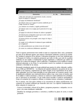 99
Tabla 20
CONTROL PARA VERIFICACIÓN DE REQUISITOS DEL VEHÍCULO
Elementos Si No Observaciones
¿Utiliza sitios adecuados para mantenimiento, lavado y estaciona-
miento de equipos de transporte?
¿El equipo está debidamente identificado?
¿El vehículo cuenta con el equipo de carretera establecido por el
Código Nacional de Tránsito?
¿Los extintores son revisados y cargados periódicamente?
¿El vehículo cuenta con un equipo para la protección de la carga
de carbón?
¿El equipo de recolección de derrames de carbón es apropiado?
¿El vehículo posee un dispositivo sonoro que se active cuando se
encuentre en movimiento de reversa?
¿El sistema eléctrico está protegido contra riesgos de chispa o
explosiones?
¿Se cumple con la certificación de emisiones de gases establecidas
por la legislación?
¿Se realiza periódicamente una revisión técnica del vehículo?
¿Se cuenta con conductores debidamente capacitados?
Todo lo expuesto anteriormente tiene sentido si existe un compromiso firme, serio y permanente
por parte de los diferentes agentes, para mejorar el desempeño ambiental y social de sus activida-
des, mediante la adopción de las opciones o alternativas propuestas en esta Guía Ambiental para
el Transporte de Carbón y la evaluación permanente que realice de ellas y por ende de su gestión
ambiental. En este sentido, es fundamental el propio seguimiento y verificación que realicen los
agentes de la cadena del transporte, sobre la aplicación y cumplimiento de las medidas de manejo
ambiental planteadas en las fichas, lo cual permitirá conocer los resultados de mejoramiento
ambiental y efectividad de las mismas.
Retomando textualmente apartes de la guía ambiental para puertos de carbón, elaborada y publica-
da en el 2001 por MINERCOL, “...la evaluación de la gestión ambiental es una práctica de uso muy
limitado en las empresas y organizaciones que deben cumplir con los requerimientos de las autori-
dades ambientales; una de las causas principales de esta actitud puede ser la ausencia, parcial o total,
de planificación ambiental, cuya consecuencia directa conlleva a que, como ocurre en muchos casos
de la realidad, se realicen inversiones y esfuerzos en materia de control ambiental de las actividades,
pero se desconozca su efectividad, y lo que resulta menos favorable, se pierda la oportunidad de
revisar si la actuación de la empresa es eficiente, en términos técnicos, económicos y ambientales”.
Por lo anterior, esta Guía quiere enfatizar en la conveniencia de realizar periódicamente una
evaluación de la gestión ambiental que desarrolla cada actor. Los objetivos fundamentales de
dicha evaluación se resumen así:
? Conocer la efectividad y eficacia de los planes y programas propuestos, o adoptados, con res-
pecto a las metas inicialmente establecidas.
? Identificar las estrategias preventivas o correctivas y modificar los planes de acción, si resulta
pertinente.
 