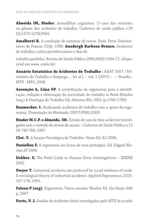 GUIA DE ANÁLISE ACIDENTES DE TRABALHO


Almeida IM, Binder. Armadilhas cognitivas. O caso das omissões
na gênese dos acidentes de trabalho. Cadernos de saúde pública v.20
(5);1373-1378;2004.
Amalberti R. A condução de sistemas de riscos. Paris. Press Universi-
taires de France; 318p. 1996. Anadergh Barbosa-Branco. Acidentes
de trabalho: custos previdenciários e dias de
trabalho perdidos. Revista de Saúde Pública 2006;40(6):1004-12. (dispo-
nível em www. scielo.br)
Anuário Estatístico de Acidentes do Trabalho : AEAT 2007 / Mi-
nistério do Trabalho e Emprego ... [et al.]. – vol. 1 (2007) – . – Brasília :
MTE : MPS, 2008.
Assunção A, Lima FP. A contribuição da ergonomia para a identifi-
cação, redução e eliminação da nocividade do trabalho in René Mendes
(org.) A Patologia do Trabalho Ed. Atheneu BH, 2001 (p.1768-1789).
Baumecker. I. Analisando acidentes de trabalho com o apoio da ergo-
nomia. Dissertação de Mestrado. DEP/UFMG;2000.
Binder M.C.P. e Almeida. IM. Estudo de caso de dois acidentes investi-
gados com o método de árvore de causas – Cadernos de Saúde Pública v.13
(4) 749-760; 1997.
Clot. Y. A função Psicológica do Trabalho. Vozes Ed. RJ 2006.
Daniellou F. A ergonomia em busca de seus princípios. Ed. Edgard Blu-
cher.SP 2004.
Dekker. S. The Field Guide to Human Error Investigations – XXXXX
2002
Dwyer T. Industrial accidents are produced by social relations of work:
A sociological theory of industrial accidents. Applied Ergonomics; 22(3):
167-178; 1991.
Falzon P (org). Ergonomia. Vários autores. Blucher Ed. São Paulo. 640
p. 2007
Forte, V. J. Análise de acidentes fatais investigados pelo MTE de acordo


70
 