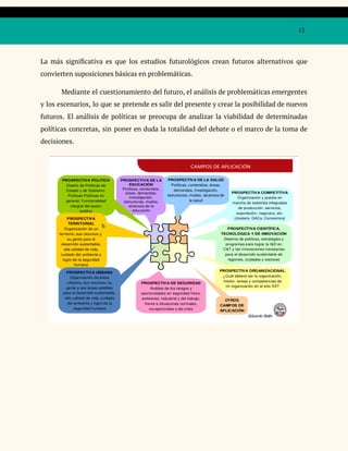 15
La más significativa es que los estudios futurológicos crean futuros alternativos que
convierten suposiciones básicas en problemáticas.
Mediante el cuestionamiento del futuro, el análisis de problemáticas emergentes
y los escenarios, lo que se pretende es salir del presente y crear la posibilidad de nuevos
futuros. El análisis de políticas se preocupa de analizar la viabilidad de determinadas
políticas concretas, sin poner en duda la totalidad del debate o el marco de la toma de
decisiones.
 