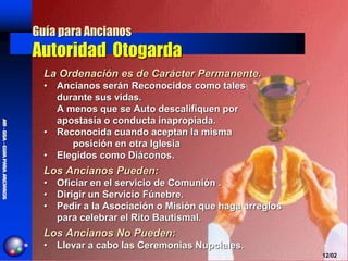 Guía para Ancianos
                                  Autoridad Otogarda
                                    La Ordenación es de Carácter Permanente.
                                    • Ancianos serán Reconocidos como tales
                                      durante sus vidas.
                                      A menos que se Auto descalifiquen por
                                      apostasía o conducta inapropiada.
AM - DSA - GUIA PARA ANCIANOS
AM -- DSA -- GUIA PARA ANCIANOS
AM DSA GUIA PARA ANCIANOS




                                    • Reconocida cuando aceptan la misma
                                         posición en otra Iglesia
                                    • Elegidos como Diáconos.
                                    Los Ancianos Pueden:
                                    • Oficiar en el servicio de Comunión .
                                    • Dirigir un Servicio Fúnebre.
                                    • Pedir a la Asociación o Misión que haga arreglos
                                      para celebrar el Rito Bautismal.
                                    Los Ancianos No Pueden:
                                    • Llevar a cabo las Ceremonias Nupciales.
                                                                                         12/02
 
