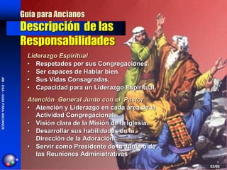 Guía para Ancianos
                                Descripción de las
                                Responsabilidades
                                  Liderazgo Espiritual
                                  • Respetados por sus Congregaciones.
                                  • Ser capaces de Hablar bien.
                                  • Sus Vidas Consagradas.
AM - DSA - GUIA PARA ANCIANOS
AM - DSA - GUIA PARA ANCIANOS




                                  • Capacidad para un Liderazgo Espiritual.
                                  Atención General Junto con el Pastor
                                  • Atención y Liderazgo en cada área de la
                                     Actividad Congregacional
                                  • Visión clara de la Misión de la Iglesia.
                                  • Desarrollar sus habilidades en la
                                     Dirección de la Adoración.
                                  • Servir como Presidente de la Junta o de
                                     las Reuniones Administrativas
                                                                               03/02
 