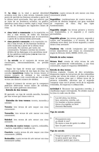 3


B- La rima: es la total o parcial identidad            Cuarteta: cuatro versos de arte menor con rima
acústica entre dos o más versos, tomando como          consonante (abab)
punto de partida los fonemas situados a partir de
la última vocal acentuada. Hay que advertir que        Seguidillas: combinaciones de cuatro versos, a
se trata de un fenómeno acústico, no gráfico,          menudo de distinta longitud, con gran variedad
(palabras como divo y estribo, regir y crujir, riman   de esquemas de rima. Hay dos tipos
entre sí). Se distinguen las siguientes clases de      fundamentales:
rima:
                                                  Seguidilla simple: los versos primero y tercero
   rima total o consonante: es la repetición, en son heptasílabos, y el segundo y el cuarto
   dos o más versos, de todos los fonemas pentasílabos.
   (vocálicos y consonánticos) que se encuentran
   a partir de la última sílaba acentuada.        Seguidilla gitana: los versos, primero, segundo y
                                                  cuarto son hexasílabos, y el tercero, de once
   rima parcial o asonante: es la repetición, en  sílabas(a veces diez). Los versos segundo y cuarto
   dos o más versos, de los fonemas vocálicos     tienen rima asonante.
   (sólo vocálicos) a partir de la última vocal
   acentuada. No cuentan, por tanto, las
                                                  Cuaderna vía: estrofa compuesta por cuatro
   consonantes. Tampoco cuentan las vocales
                                                  versos alejandrinos que riman en consonante,
   débiles de los diptongos ni la penúltima vocal según la fórmula AAAA, BBBB, CCCC, etc.
   de las palabras esdrújulas (marca rima con
   pálida y con pausa).
                                                  Estrofa de ocho versos:
C- La estrofa: es el conjunto de versos que
                                            Octava Real: consta de ocho versos de arte
constituyen, intencionadamente, un período
                                            mayor, generalmente endecasílabos, y con rima
métrico.
                                            consonante, según el esquema ABABABCC.
  Según los tipos de versos que componen la
                                                 Estrofa de diez versos:
estrofa podemos hablar de dos tipos de ellas: las
                                                 Décima espinela: Consta de diez octosílabos,
estrofas isométricas (todos los versos tienen el
                                                 dispuestos según la estructura de dos redondillas
mismo número de sílabas) y las estrofas
                                                 unidas por versos de enlace; el primero de estos
heterométricas ( está constituida por dos o más
                                                 tiene la misma rima que e último verso de la
versos con distinto número de sílabas)
                                                 primera redondilla, mientras que el segundo
                                                 comparte rima con el primer verso de la segunda
  Según el número de versos que la componen
                                                 redondilla. El esquema es abbaaccddc.
podemos diferenciar varias clases de estrofas,
entre las cuales podemos mencionar:
                                                 Actividad I: Reconoce las siguientes estrofas, y
- Estrofa de dos versos:                         clasifícalas según corresponda. No olvides marcar
                                                 la rima en cada una de ellas.
El pareado: un tipo de estrofa sencillo, formada
por dos versos que riman entre sí.               1-     Luz del alma, luz divina,
- Estrofas de tres versos: terceto, tercerilla y        faro, antorcha, estrella, sol…
soledad.                                                Un hombre a tientas camina;
                                                        Lleva a la espalda un farol
Terceto: tres versos de arte mayor con rima             (Antonio Machado)
consonante.
                                                       Tipo de estrofa:
Tercerilla: tres versos de arte menor con rima
consonante.
                                                       2-   Pensamiento mío
Soledad: tres versos de arte menor con rima
asonante.                                                   ¿a dónde te vas?
                                                            No vayas a casa de quién tu solías
- Estrofas de cuatro versos: cuarteto, redondilla,          Que no pués entrar
cuarteta, seguidilla y cuaderna vía.
                                                 Tipo de estrofa:
Cuarteto: cuatro versos de arte mayor con rima
consonante. (ABBA)                               3-   Tengo un querer y una pena.
Redondilla: cuatro versos de arte menor con rima      La pena quiere que viva;
consonante (abba)                                     el querer quiere que muera.
 