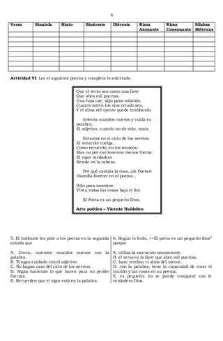 6

Verso       Sinalefa      Hiato        Sinéresis     Diéresis      Rima        Rima       Sílabas
                                                                   Asonante    Consonante Métricas




Actividad VI: Lee el siguiente poema y completa lo solicitado.


                                  Que el verso sea como una llave
                                  Que abra mil puertas.
                                  Una hoja cae; algo pasa volando;
                                  Cuanto miren los ojos creado sea,
                                  Y el alma del oyente quede temblando.

                                     Inventa mundos nuevos y cuida tu
                                  palabra;
                                  El adjetivo, cuando no da vida, mata.

                                      Estamos en el ciclo de los nervios.
                                  El músculo cuelga,
                                  Como recuerdo, en los museos;
                                  Mas no por eso tenemos menos fuerza:
                                  El vigor verdadero
                                  Reside en la cabeza.

                                    Por qué cantáis la rosa, ¡oh Poetas!
                                  Hacedla florecer en el poema ;

                                  Sólo para nosotros
                                  Viven todas las cosas bajo el Sol.

                                     El Poeta es un pequeño Dios.

                                  Arte poética – Vicente Huidobro




5. El hablante les pide a los poetas en la segunda 6. Según lo leído, <<El poeta es un pequeño dios”
estrofa que                                        porque

A. Creen, inventen mundos nuevos con la              A. utiliza la narración omnisciente.
palabra.                                             B. el verso es la llave que abre mil puertas.
B. Tengan cuidado con el adjetivo.                   C. hace temblar el alma del oyente.
C. No hagan caso del ciclo de los nervios.           D. con la palabra, tiene la capacidad de crear el
D. Sigan haciendo lo que hacen para no perder        mundo y las cosas en su poema.
fuerzas.                                             E. es pequeño, no se puede comparar con le
E. Recuerden que el vigor está en la palabra.        verdadero Dios.
 