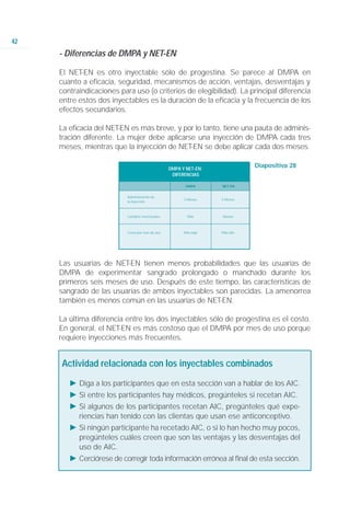 42
     - Diferencias de DMPA y NET-EN

     El NET-EN es otro inyectable sólo de progestina. Se parece al DMPA en
     cuanto a eficacia, seguridad, mecanismos de acción, ventajas, desventajas y
     contraindicaciones para uso (o criterios de elegibilidad). La principal diferencia
     entre estos dos inyectables es la duración de la eficacia y la frecuencia de los
     efectos secundarios.

     La eficacia del NET-EN es más breve, y por lo tanto, tiene una pauta de adminis-
     tración diferente. La mujer debe aplicarse una inyección de DMPA cada tres
     meses, mientras que la inyección de NET-EN se debe aplicar cada dos meses.

                                                  DMPA Y NET-EN:
                                                                              Diapositiva 28
                                                   DIFERENCIAS

                                                         DMPA      NET-EN


                           Administración de
                                                        3 Meses    2 Meses
                           la inyección.



                           Cambios menstruales            Más      Menos



                           Costo por mes de uso         Más bajo   Más alto




     Las usuarias de NET-EN tienen menos probabilidades que las usuarias de
     DMPA de experimentar sangrado prolongado o manchado durante los
     primeros seis meses de uso. Después de este tiempo, las características de
     sangrado de las usuarias de ambos inyectables son parecidas. La amenorrea
     también es menos común en las usuarias de NET-EN.

     La última diferencia entre los dos inyectables sólo de progestina es el costo.
     En general, el NET-EN es más costoso que el DMPA por mes de uso porque
     requiere inyecciones más frecuentes.


     Actividad relacionada con los inyectables combinados
        Ǡ Diga a los participantes que en esta sección van a hablar de los AIC.
        Ǡ Si entre los participantes hay médicos, pregúnteles si recetan AIC.
        Ǡ Si algunos de los participantes recetan AIC, pregúnteles qué expe-
          riencias han tenido con las clientas que usan ese anticonceptivo.
        Ǡ Si ningún participante ha recetado AIC, o si lo han hecho muy pocos,
          pregúnteles cuáles creen que son las ventajas y las desventajas del
          uso de AIC.
        Ǡ Cerciórese de corregir toda información errónea al final de esta sección.
 