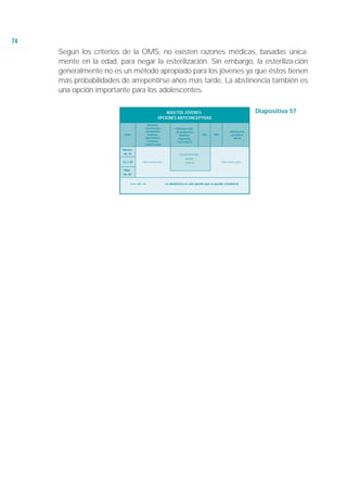 74
     Según los criterios de la OMS, no existen razones médicas, basadas única-
     mente en la edad, para negar la esterilización. Sin embargo, la esteriliza-ción
     generalmente no es un método apropiado para los jóvenes ya que éstos tienen
     más probabilidades de arrepentirse años más tarde. La abstinencia también es
     una opción importante para los adolescentes.

                                                            ADULTOS JÓVENES:                                             Diapositiva 57
                                                        OPCIONES ANTICONCEPTIVAS
                                                Métodos
                                               hormonales            Métodos sólo
                                              combinados             de progestina                         Abstinencia
                          Edad                  (píldoras,              (píldoras,     DIU     PAE          periódica
                                              inyectables),            implantes,                            MELA
                                                condones,             inyectables)
                                              espermicidas

                         Menos
                         de 16                                         Generalmente
                                                                          puede
                         16 a 20            Sin restricción               usarse                     Sin restricción

                         Más
                         de 20


                              Fuente: OMS, 1996.              La abstinecia es una opción que se puede considerar
 