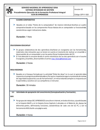 SERVICIO NACIONAL DE APRENDIZAJE SENA
SISTEMA INTEGRADO DE GESTIÓN
Procedimiento Ejecución de la Formación Profesional Integral
GUÍA DE APRENDIZAJE
Versión:02
Código:GFPI-F-019
Página 6 de13
CUADRO COMPARATIVO
Basados en el video “Partes de la computadora” de manera individual diseñara un cuadro
comparativo basado en los componentes físicos-básicos de un computador su funcionalidad,
características según indicaciones dadas.
Duración: 1 hora
CRUCIGRAMA EDUCAPLAY
En grupos colaborativos de dos aprendices diseñaran un crucigrama con las herramientas,
materiales más relevantes que se tienen en cuenta al momento de realizar un ensamble o
desensamble de un computador y con las partes físicas fundamentales del PC.
El link obtenido lo enviaran desde el correo electrónico de los dos aprendices con el asunto
Crucigrama_Ensamble_Desensamble al correo mao_florez@hotmail.com
Duración: 2 horas
MESA REDONDA
Basados en el bosque formado por la actividad “Árbol de ideas” en la cual el aprendiz daba
respuestaalapreguntaproblematizadora¿Porquéesimportanteseguirunprotocolode normas
de seguridadocupacional yuso de herramientas?,enmesaredondacompare su respuestacon
lo aprendido y socialice con sus compañeros e instructor.
Duración: 30 minutos
3.3 Actividadesde apropiación del conocimiento(ConceptualizaciónyTeorización).
WIX
Porgruposde trabajo DE2 APRENDICES consulteeninternet, entextostécnicos,opuedebasarse
en la Carpeta EdePC y en la Carpeta Scisco Capitulo 1 ubicadas en el Material_de_Apoyo, las
diferentes partes, definiciones, funciones, características de cada uno de los Pc, y con la
herramienta WIX diseñe una página web.
Duración: 4 horas
 
