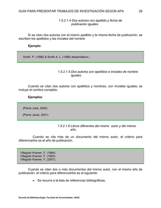 GUÍA PARA PRESENTAR TRABAJOS DE INVESTIGACIÓN SEGÚN APA
Escuela de Bibliotecología. Facultad de Humanidades. USAC
28
1.5.2.1.4 Dos autores con apellido y fecha de
publicación iguales.
Si se citan dos autores con el mismo apellido y la misma fecha de publicación, se
escriben los apellidos y las iniciales del nombre
Ejemplo:
Smith, P. (1996) & Smith A. L. (1996) desarrollaron…
1.5.2.1.5 Dos autores con apellidos e iniciales de nombre
iguales.
Cuando se citan dos autores con apellidos y nombres, con iniciales iguales; se
incluye el nombre completo.
Ejemplos:
(Pierre Julia, 2000)
(Pierre Janet, 2001)
1.5.2.1.6 Libros diferentes del mismo autor y del mismo
año.
Cuando se cita más de un documento del mismo autor, el criterio para
diferenciarlos es el año de publicación.
Villagrán Kramer, F. (1984).
Villagrán Kramer, F. (1993).
Villagrán Kramer, F. (2001).
Cuando se citan dos o más documentos del mismo autor, con el mismo año de
publicación; el criterio para diferenciarlos es el siguiente:
 Se recurre a la lista de referencias bibliográficas.
 