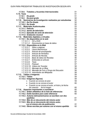 GUÍA PARA PRESENTAR TRABAJOS DE INVESTIGACIÓN SEGÚN APA
Escuela de Bibliotecología. Facultad de Humanidades. USAC
5
1.7.8.4. Tratados y Acuerdos Internacionales 51
1.7.9. Tesis 51
1.7.9.1. De grado 51
1.7.9.2. De post grado 52
1.7.10. Seminarios de Investigación realizados por estudiantes 52
1.7.10.1. De Pre Grado 52
1.7.10.2. De Grado 52
1.7.11. Materiales Audiovisuales 53
1.7.11.1. Película 53
1.7.11.2. Series de televisión 53
1.7.11.3. Episodio de serie de televisión 53
1.7.11.4. Grabación musical 53
1.7.12. Materiales digitales y virtuales 54
1.7.12.1. No disponibles en la web 54
1.7.12.1.1. CD y DVD 54
1.7.12.1.2. Documentos en base de datos 54
1.7.12.2. Disponibles en la Web 54
1.7.12.2.1. Sitios y páginas 54
1.7.12.2.2. Libros electrónicos 55
1.7.12.2.3. Artículo de enciclopedia 55
1.7.12.2.4. Artículo de Periódico 56
1.7.12.2.5. Artículo de Revista 56
1.7.12.2.6. Base de datos de Revistas 56
1.7.12.2.7. Entrevista en artículo 57
1.7.12.2.8. Tesis 57
1.7.12.2.9. Podcast 57
1.7.12.2.10. Videos de Youtube 58
1.7.12.2.11. Mensaje de un Blog 58
1.7.12.2.12. Mensaje de Foro o Grupo de Discusión 58
1.7.12.2.13. Información de Wikipedia 58
1.7.13. Tablas e imágenes 59
1.7.13.1. Tablas 59
1.7.13.2. Imágenes (figuras) 59
 Cuando se conoce al autor 59
 Cuando no se conoce el autor 60
 Cuando no se conoce el autor, el título y la fecha
de creación de la imagen 60
1.7.14. Aspectos importantes a considerar 60
1.7.14.1. Orden alfabético de la lista de referencias 60
1.7.14.2. Estilo bandera para cada referencia 60
1.7.14.3. Autores latinoamericanos se escriben con dos
apellidos 61
1.7.14.4. Más de un documento del mismo autor 61
1.7.14.5. Más de un documento del mismo autor,
con el mismo año de publicación 61
1.7.14.6. Obras escritas por autores con el mismo apellido 62
 