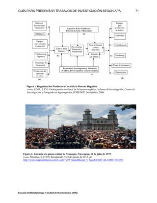 GUÍA PARA PRESENTAR TRABAJOS DE INVESTIGACIÓN SEGÚN APA
Escuela de Bibliotecología. Facultad de Humanidades. USAC
71
Figura 1. Organización Productiva Local de la Banana Orgánica
Fuente: LIMA, L.C.O. Orden productivo local de la banana orgánica. Informe de Investigación, Centro de
Investigación y Postgrado en Agronegocios, ICHS/DCE. Seropédica, 2006.
Figura 2. Entrada a la plaza central de Managua, Nicaragua, 20 de julio de 1979.
Fuente: Míeselas, S. (1979) Recuperado el 25 de agosto de 2012, de
http://www.magnumphotos.com/C.aspx?VP3=SearchResult_V Page&VBID=2K1HZO73S4E9N
 