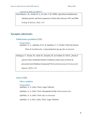 Guía a la redacción en el estilo APA, 6ta ed. Marzo 2012
9
Artículo sin DOI, de EBSCO
Parés-Ramos, I. K., Gould, W. A., & Aide, T. M. (2008). Agricultural abandonment,
suburban growth, and forest expansion in Puerto Rico between 1991 and 2000.
Ecology & Society, 13(2), 1-19.
Ejemplos adicionales
Publicaciones periódicas (7.01)
Forma básica
Apellidos, A. A., Apellidos, B. B., & Apellidos, C. C. (Fecha). Título del artículo.
Título de la publicación, volumen(número), pp.-pp. doi: xx.xxxxxxx
Rodríguez, Y., Puente, M., Abad, M., Santaella, M., & Carballo, R. (2012). ¿Puede el
ejercicio físico moderado durante el embarazo actuar como un factor de
prevención de la Diabetes Gestacional? Revista Internacional de Ciencias del
Deporte, 8(27), 3-19.
Libros (7.02)
Libros completos
Forma básica
Apellidos, A. A. (Año). Título. Lugar: Editorial.
Apellidos, A. A. (Año). Título. Recuperado de http://www.xxxxxx.xxx
Apellidos, A. A. (Año). Título. doi: xx.xxxxxxxx
Apellidos, A. A. (Ed.). (Año). Título. Lugar: Editorial.
 