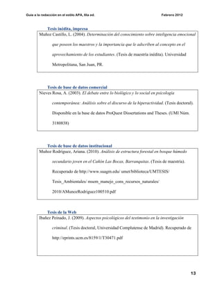 Guía a la redacción en el estilo APA, 6ta ed. Febrero 2012
13
Tesis inédita, impresa
Muñoz Castillo, L. (2004). Determinación del conocimiento sobre inteligencia emocional
que poseen los maestros y la importancia que le adscriben al concepto en el
aprovechamiento de los estudiantes. (Tesis de maestría inédita). Universidad
Metropolitana, San Juan, PR.
Tesis de base de datos comercial
Nieves Rosa, A. (2003). El debate entre lo biológico y lo social en psicología
contemporánea: Análisis sobre el discurso de la hiperactividad. (Tesis doctoral).
Disponible en la base de datos ProQuest Dissertations and Theses. (UMI Núm.
3180838)
Tesis de base de datos institucional
Muñoz Rodríguez, Ariana. (2010). Análisis de estructura forestal en bosque húmedo
secundario joven en el Cañón Las Bocas, Barranquitas. (Tesis de maestría).
Recuperado de http://www.suagm.edu/ umet/biblioteca/UMTESIS/
Tesis_Ambientales/ msem_manejo_cons_recursos_naturales/
2010/AMunozRodriguez100510.pdf
Tesis de la Web
Ibañez Peinado, J. (2009). Aspectos psicológicos del testimonio en la investigación
criminal. (Tesis doctoral, Universidad Complutense de Madrid). Recuperado de
http://eprints.ucm.es/8159/1/T30471.pdf
 