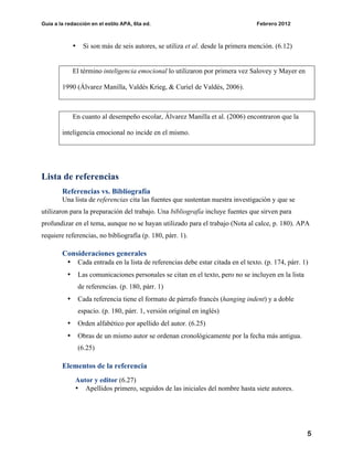 Guía a la redacción en el estilo APA, 6ta ed. Febrero 2012
5
• Si son más de seis autores, se utiliza et al. desde la primera mención. (6.12)
El término inteligencia emocional lo utilizaron por primera vez Salovey y Mayer en
1990 (Álvarez Manilla, Valdés Krieg, & Curiel de Valdés, 2006).
En cuanto al desempeño escolar, Álvarez Manilla et al. (2006) encontraron que la
inteligencia emocional no incide en el mismo.
Lista de referencias
Referencias vs. Bibliografía
Una lista de referencias cita las fuentes que sustentan nuestra investigación y que se
utilizaron para la preparación del trabajo. Una bibliografía incluye fuentes que sirven para
profundizar en el tema, aunque no se hayan utilizado para el trabajo (Nota al calce, p. 180). APA
requiere referencias, no bibliografía (p. 180, párr. 1).
Consideraciones generales
• Cada entrada en la lista de referencias debe estar citada en el texto. (p. 174, párr. 1)
• Las comunicaciones personales se citan en el texto, pero no se incluyen en la lista
de referencias. (p. 180, párr. 1)
• Cada referencia tiene el formato de párrafo francés (hanging indent) y a doble
espacio. (p. 180, párr. 1, versión original en inglés)
• Orden alfabético por apellido del autor. (6.25)
• Obras de un mismo autor se ordenan cronológicamente por la fecha más antigua.
(6.25)
Elementos de la referencia
Autor y editor (6.27)
• Apellidos primero, seguidos de las iniciales del nombre hasta siete autores.
 