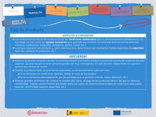 RUTA DEL
PRODUCTO
Tipo de Producto
ASPECTOS A CONSIDERAR
> Las características físicas del producto dictan las condiciones ambientales para su almacenamiento (temperatura, luz,
humedad, etc.) así como los equipos necesarios para que éste sea correcto, sin provocar deterioro en los artículos
(cámaras, estanterías, anaqueles, elevadoras, palets, cestas, etc.)
> La propia naturaleza del producto y, sobre todo su precio, determina si son necesarios medios especiales de seguridad
(alarmas, cámaras de grabación, etc.)
¡RECUERDA!
> Valora si es posible comprar y vender sin almacenamiento intermedio. Aunque el precio de compra del producto sea algo
superior, los ahorros por no tener almacén pueden ser muy interesantes. En esta decisión debes tener en cuenta el
servicio que ofreces al cliente.
> Cuando el producto tiene características especiales, su almacenamiento suele ser caro:
> Si se almacena en condiciones óptimas, debido al coste de los equipos
> Si no se almacena adecuadamente, por las pérdidas que se generan (roturas, robos, deterioro, etc.)
> Realizar grandes volúmenes de comprar te pueden salir caros. Al pago de los productos (dinero del que no obtienes
rentabilidad: “capital cautivo”) tienes que añadir todos los costes de tenerlos almacenados en condiciones adecuadas
(alquiler, electricidad, seguros, seguridad, etc.)
 