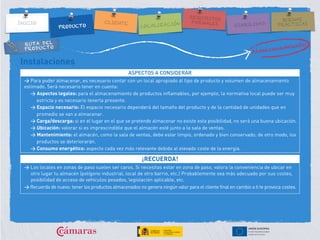 RUTA DEL
PRODUCTO
Instalaciones
ASPECTOS A CONSIDERAR
> Para poder almacenar, es necesario contar con un local apropiado al tipo de producto y volumen de almacenamiento
estimado. Será necesario tener en cuenta:
> Aspectos legales: para el almacenamiento de productos inflamables, por ejemplo, la normativa local puede ser muy
estricta y es necesario tenerla presente.
> Espacio necesario: El espacio necesario dependerá del tamaño del producto y de la cantidad de unidades que en
promedio se van a almacenar.
> Carga/descarga: si en el lugar en el que se pretende almacenar no existe esta posibilidad, no será una buena ubicación.
> Ubicación: valorar si es imprescindible que el almacén esté junto a la sala de ventas.
> Mantenimiento: el almacén, como la sala de ventas, debe estar limpio, ordenado y bien conservado; de otro modo, los
productos se deteriorarán.
> Consumo energético: aspecto cada vez más relevante debido al elevado coste de la energía.
¡RECUERDA!
> Los locales en zonas de paso suelen ser caros. Si necesitas estar en zona de paso, valora la conveniencia de ubicar en
otro lugar tu almacén (polígono industrial, local de otro barrio, etc.) Probablemente sea más adecuado por sus costes,
posibilidad de acceso de vehículos pesados, legislación aplicable, etc.
> Recuerda de nuevo: tener los productos almacenados no genera ningún valor para el cliente final en cambio a ti te provoca costes.
 