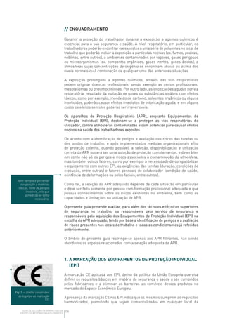 06GUIA DE SELEÇÃO DE APARELHOS DE
PROTEÇÃO RESPIRATÓRIA FILTRANTES
// ENQUADRAMENTO
Garantir a proteção do trabalhador durante a exposição a agentes químicos é
essencial para a sua segurança e saúde. A nível respiratório, em particular, os
trabalhadores poderão encontrar-se expostos a uma série de poluentes no local de
trabalho que poderão incluir a exposição a partículas nocivas (ex. fumos, poeiras,
neblinas, entre outros), a ambientes contaminados por vapores, gases perigosos
ou microorganismos (ex. compostos orgânicos, gases inertes, gases ácidos), a
atmosferas cujas concentrações de oxigénio se encontram abaixo ou acima dos
níveis normais ou à combinação de qualquer uma das anteriores situações.
A exposição prolongada a agentes químicos, através das vias respiratórias
podem originar doenças profissionais, sendo exemplo as asmas profissionais,
mesoteliomas ou pneumoconioses. Por outro lado, as intoxicações agudas por via
respiratória, resultado da inalação de gases ou substâncias voláteis com efeitos
tóxicos, como por exemplo, monóxido de carbono, solventes orgânicos ou alguns
inseticidas, poderão causar efeitos imediatos de intoxicação aguda, e em alguns
casos os efeitos sentidos poderão ser irreversíveis.
Os Aparelhos de Proteção Respiratória (APR), enquanto Equipamentos de
Proteção Individual (EPI), destinam-se a proteger as vias respiratórias do
utilizador, contra atmosferas contaminadas e com potencial para causar efeitos
nocivos na saúde dos trabalhadores expostos.
De acordo com a identificação de perigos e avaliação dos riscos das tarefas ou
dos postos de trabalho, e após implementadas medidas organizacionais e/ou
de proteção coletiva, quando possível, a seleção, disponibilização e utilização
correta do APR poderá ser uma solução de proteção complementar, e deverá ter
em conta não só os perigos e riscos associados à contaminação da atmosfera,
mas também outros fatores, como por exemplo a necessidade de compatibilizar
o equipamento com outros EPI, as exigências das tarefas (duração, condições de
execução, entre outras) e fatores pessoais do colaborador (condição de saúde,
existência de deformações ou pelos faciais, entre outros).
Como tal, a seleção do APR adequado depende de cada situação em particular
e deve ser feita somente por pessoa com formação profissional adequada e que
possua conhecimentos sobre os riscos existentes no ambiente, bem como as
capacidades e limitações na utilização de APR.
O presente guia pretende auxiliar, para além dos técnicos e técnicos superiores
de segurança no trabalho, os responsáveis pelo serviço de segurança e
responsáveis pela aquisição dos Equipamentos de Proteção Individual (EPI) na
escolha do APR adequado, tendo por base a identificação de perigos e a avaliação
de riscos presentes nos locais de trabalho e todas as condicionantes já referidas
anteriormente.
O âmbito do presente guia restringe-se apenas aos APR filtrantes, não sendo
abordados os aspetos relacionados com a seleção adequada de APR.
1. A MARCAÇÃO DOS EQUIPAMENTOS DE PROTEÇÃO INDIVIDUAL
(EPI)
A marcação CE aplicada aos EPI, deriva da política da União Europeia que visa
definir os requisitos básicos em matéria de segurança e saúde a ser cumpridos
pelos fabricantes e a eliminar as barreiras ao comércio desses produtos no
mercado do Espaço Económico Europeu.
A presença da marcação CE nos EPI indica que os mesmos cumprem os requisitos
harmonizados, permitindo que sejam comercializados em qualquer local da
Nem sempre é percetível
a exposição a matérias
tóxicas, fonte de perigos
invisíveis, pelo que
a medição se torna
necessária.
Fig. 1 — Grelha construtiva
do logotipo de marcação
CE.
 