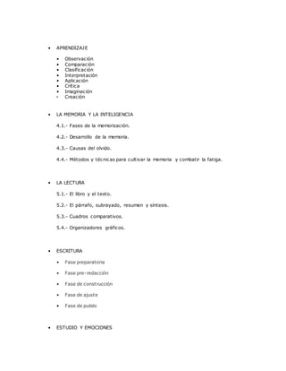 • APRENDIZAJE
• Observación
• Comparación
• Clasificación
• Interpretación
• Aplicación
• Crítica
• Imaginación
• Creación
• LA MEMORIA Y LA INTELIGENCIA
4.1.- Fases de la memorización.
4.2.- Desarrollo de la memoria.
4.3.- Causas del olvido.
4.4.- Métodos y técnicas para cultivar la memoria y combatir la fatiga.
• LA LECTURA
5.1.- El libro y el texto.
5.2.- El párrafo, subrayado, resumen y síntesis.
5.3.- Cuadros comparativos.
5.4.- Organizadores gráficos.
• ESCRITURA
• Fase preparatoria
• Fase pre-redacción
• Fase de construcción
• Fase de ajuste
• Fase de pulido
• ESTUDIO Y EMOCIONES
 
