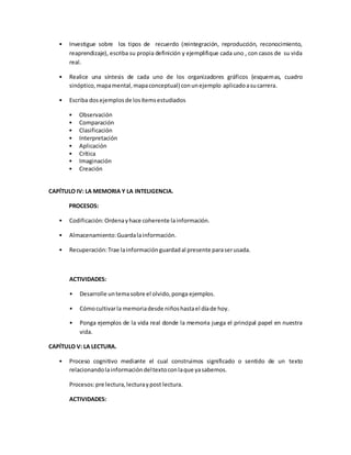 • Investigue sobre los tipos de recuerdo (reintegración, reproducción, reconocimiento,
reaprendizaje), escriba su propia definición y ejemplifique cada uno , con casos de su vida
real.
• Realice una síntesis de cada uno de los organizadores gráficos (esquemas, cuadro
sinóptico,mapamental,mapaconceptual) conunejemplo aplicadoasucarrera.
• Escriba dosejemplosde losítemsestudiados
• Observación
• Comparación
• Clasificación
• Interpretación
• Aplicación
• Crítica
• Imaginación
• Creación
CAPÍTULO IV: LA MEMORIA Y LA INTELIGENCIA.
PROCESOS:
• Codificación:Ordenayhace coherente lainformación.
• Almacenamiento:Guardalainformación.
• Recuperación:Trae lainformaciónguardadal presente paraserusada.
ACTIVIDADES:
• Desarrolle untemasobre el olvido,ponga ejemplos.
• Cómocultivarla memoriadesde niñoshastael díade hoy.
• Ponga ejemplos de la vida real donde la memoria juega el principal papel en nuestra
vida.
CAPÍTULO V: LA LECTURA.
• Proceso cognitivo mediante el cual construimos significado o sentido de un texto
relacionandolainformacióndeltextoconlaque yasabemos.
Procesos:pre lectura,lecturaypost lectura.
ACTIVIDADES:
 