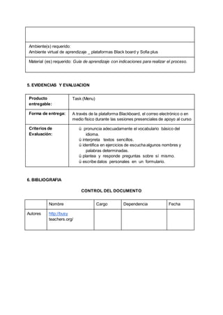 Ambiente(s) requerido:
Ambiente virtual de aprendizaje _ plataformas Black board y Sofia plus
Material (es) requerido: Guía de aprendizaje con indicaciones para realizar el proceso.
5. EVIDENCIAS Y EVALUACION
Producto
entregable:
Task (Menu)
Forma de entrega: A través de la plataforma Blackboard, el correo electrónico o en
medio físico durante las sesiones presenciales de apoyo al curso
Criterios de
Evaluación:
ü pronuncia adecuadamente el vocabulario básico del
idioma.
ü interpreta textos sencillos.
ü identifica en ejercicios de escucha algunos nombres y
palabras determinadas.
ü plantea y responde preguntas sobre sí mismo.
ü escribe datos personales en un formulario.
6. BIBLIOGRAFIA
CONTROL DEL DOCUMENTO
Nombre Cargo Dependencia Fecha
Autores http://busy
teachers.org/
 