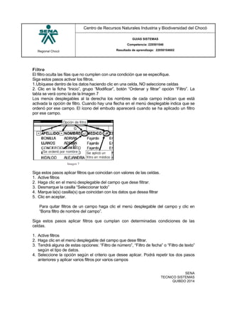 Regional Chocó
Centro de Recursos Naturales Industria y Biodiversidad del Chocó
GUIAS SISTEMAS
Competencia: 220501046
Resultado de aprendizaje: 22050104602
SENA
TECNICO SISTEMAS
QUIBDO 2014
Filtro
El filtro oculta las filas que no cumplen con una condición que se especifique.
Siga estos pasos activar los filtros.
1.Ubíquese dentro de los datos haciendo clic en una celda, NO seleccione celdas
2. Clic en la ficha “Inicio”, grupo “Modificar”, botón “Ordenar y filtrar” opción “Filtro”. La
tabla se verá como la de la Imagen 7
Los menús desplegables al la derecha los nombres de cada campo indican que está
activada la opción de filtro. Cuando hay una flecha en el menú desplegable indica que se
ordenó por ese campo. El ícono del embudo aparecerá cuando se ha aplicado un filtro
por ese campo.
Siga estos pasos aplicar filtros que coincidan con valores de las celdas.
1. Active filtros
2. Haga clic en el menú desplegable del campo que dese filtrar.
3. Desmarque la casilla “Seleccionar todo”
4. Marque la(s) casilla(s) que coincidan con los datos que desea filtrar
5. Clic en aceptar.
Para quitar filtros de un campo haga clic el menú desplegable del campo y clic en
“Borra filtro de nombre del campo”.
Siga estos pasos aplicar filtros que cumplan con determinadas condiciones de las
celdas.
1. Active filtros
2. Haga clic en el menú desplegable del campo que dese filtrar.
3. Tendrá alguna de estas opciones: “Filtro de número”, “Filtro de fecha” o “Filtro de texto”
según el tipo de datos.
4. Seleccione la opción según el criterio que desee aplicar. Podrá repetir los dos pasos
anteriores y aplicar varios filtros por varios campos
 