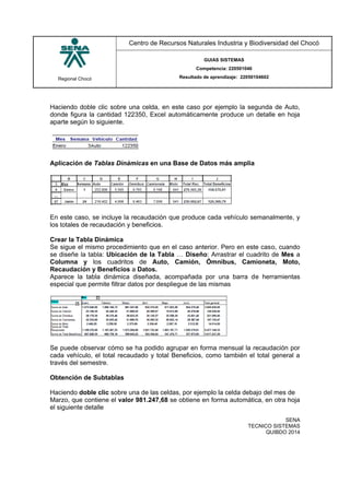 Regional Chocó
Centro de Recursos Naturales Industria y Biodiversidad del Chocó
GUIAS SISTEMAS
Competencia: 220501046
Resultado de aprendizaje: 22050104602
SENA
TECNICO SISTEMAS
QUIBDO 2014
Haciendo doble clic sobre una celda, en este caso por ejemplo la segunda de Auto,
donde figura la cantidad 122350, Excel automáticamente produce un detalle en hoja
aparte según lo siguiente.
Aplicación de Tablas Dinámicas en una Base de Datos más amplia
En este caso, se incluye la recaudación que produce cada vehículo semanalmente, y
los totales de recaudación y beneficios.
Crear la Tabla Dinámica
Se sigue el mismo procedimiento que en el caso anterior. Pero en este caso, cuando
se diseñe la tabla: Ubicación de la Tabla … Diseño: Arrastrar el cuadrito de Mes a
Columna y los cuadritos de Auto, Camión, Ómnibus, Camioneta, Moto,
Recaudación y Beneficios a Datos.
Aparece la tabla dinámica diseñada, acompañada por una barra de herramientas
especial que permite filtrar datos por despliegue de las mismas
Se puede observar cómo se ha podido agrupar en forma mensual la recaudación por
cada vehículo, el total recaudado y total Beneficios, como también el total general a
través del semestre.
Obtención de Subtablas
Haciendo doble clic sobre una de las celdas, por ejemplo la celda debajo del mes de
Marzo, que contiene el valor 981.247,68 se obtiene en forma automática, en otra hoja
el siguiente detalle
 