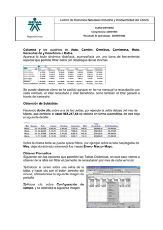 Regional Chocó
Centro de Recursos Naturales Industria y Biodiversidad del Chocó
GUIAS SISTEMAS
Competencia: 220501046
Resultado de aprendizaje: 22050104602
SENA
TECNICO SISTEMAS
QUIBDO 2014
Columna y los cuadritos de Auto, Camión, Ómnibus, Camioneta, Moto,
Recaudación y Beneficios a Datos.
Aparece la tabla dinámica diseñada, acompañada por una barra de herramientas
especial que permite filtrar datos por despliegue de las mismas
Se puede observar cómo se ha podido agrupar en forma mensual la recaudación por
cada vehículo, el total recaudado y total Beneficios, como también el total general a
través del semestre.
Obtención de Subtablas
Haciendo doble clic sobre una de las celdas, por ejemplo la celda debajo del mes de
Marzo, que contiene el valor 981.247,68 se obtiene en forma automática, en otra hoja
el siguiente detalle
Sobre la misma tabla se puede aplicar filtros, por ejemplo sobre la lista desplegable de
Mes, dejando activado solamente los meses Enero- Marzo- Mayo.
Obtener Promedios
Siguiendo con las opciones que permiten las Tablas Dinámicas, en este caso vamos a
obtener de la tabla sin filtrar el promedio de recaudación por mes de cada vehículo:
1)-Colocar el cursor sobre una celda de la
tabla, y hacer clic con el botón derecho del
mouse, obteniéndose la siguiente imagen de
pantalla
2)-Hacer clic sobre Configuración de
campo, y se obtendrá la siguiente imagen
 