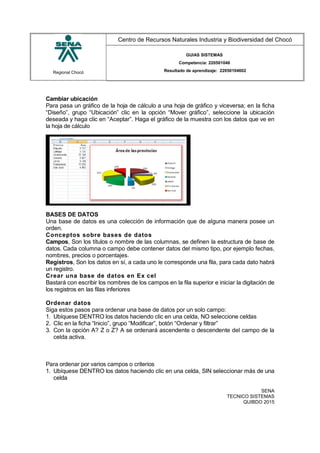 Regional Chocó
Centro de Recursos Naturales Industria y Biodiversidad del Chocó
GUIAS SISTEMAS
Competencia: 220501046
Resultado de aprendizaje: 22050104602
Cambiar ubicación
Para pasa un gráfico de la hoja de cálculo a una hoja de gráfico y viceversa; en la ficha
“Diseño”, grupo “Ubicación” clic en la opción “Mover gráfico”, seleccione la ubicación
deseada y haga clic en “Aceptar”. Haga el gráfico de la muestra con los datos que ve en
la hoja de cálculo
BASES DE DATOS
Una base de datos es una colección de información que de alguna manera posee un
orden.
Conceptos sobre bases de datos
Campos, Son los títulos o nombre de las columnas, se definen la estructura de base de
datos. Cada columna o campo debe contener datos del mismo tipo, por ejemplo fechas,
nombres, precios o porcentajes.
Registros, Son los datos en sí, a cada uno le corresponde una fila, para cada dato habrá
un registro.
Crear una base de datos en Ex cel
Bastará con escribir los nombres de los campos en la fila superior e iniciar la digitación de
los registros en las filas inferiores
Ordenar datos
Siga estos pasos para ordenar una base de datos por un solo campo:
1. Ubíquese DENTRO los datos haciendo clic en una celda, NO seleccione celdas
2. Clic en la ficha “Inicio”, grupo “Modificar”, botón “Ordenar y filtrar”
3. Con la opción A? Z o Z? A se ordenará ascendente o descendente del campo de la
celda activa.
Para ordenar por varios campos o criterios
1. Ubíquese DENTRO los datos haciendo clic en una celda, SIN seleccionar más de una
celda
SENA
TECNICO SISTEMAS
QUIBDO 2015
 
