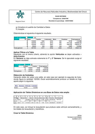 Regional Chocó
Centro de Recursos Naturales Industria y Biodiversidad del Chocó
GUIAS SISTEMAS
Competencia: 220501046
Resultado de aprendizaje: 22050104602
g) Arrastrar el cuadrito de Cantidad a Datos
h) Aceptar.
Obteniéndose el siguiente el siguiente resultado.
Aplicar Filtros a la Tabla
Siguiendo con el mismo criterio, abriendo la opción Vehículos se dejan activados –
Auto-Camión
En Semana se deja activada solamente la 1° y 3° Semana. De lo ejecutado surge el
siguiente resultado.
Obtención de Subtablas
Haciendo doble clic sobre una celda, en este caso por ejemplo la segunda de Auto,
donde figura la cantidad 122350, Excel automáticamente produce un detalle en hoja
aparte según lo siguiente.
Aplicación de Tablas Dinámicas en una Base de Datos más amplia
En este caso, se incluye la recaudación que produce cada vehículo semanalmente, y
los totales de recaudación y beneficios.
Crear la Tabla Dinámica
SENA
TECNICO SISTEMAS
QUIBDO 2015
 