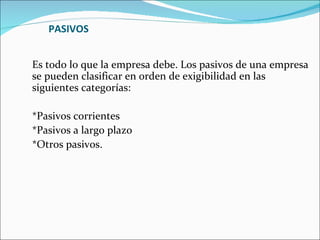 PASIVOS


Es todo lo que la empresa debe. Los pasivos de una empresa
se pueden clasificar en orden de exigibilidad en las
siguientes categorías:

*Pasivos corrientes
*Pasivos a largo plazo
*Otros pasivos.
 