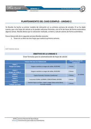 PLANTEAMIENTO DEL CASO EJEMPLO - UNIDAD 2

Ya Nicolás ha hecho su primer modelo de cotización en su primera semana de estudio. El se ha dado
cuenta, que a las hojas de cálculo se le pueden adicionar formulas, con el fin de hacer de forma automática
algunas tareas. Nicolás desea que la cotización realizada, se llene y calcule valores de forma automática.

Para el desarrollo de la segunda semana Nicolás necesita:
        1. Tener en su libro las tres hojas que realizo la primera semana.




METODOLOGIA

                                          OBJETIVO DE LA UNIDAD 2
                           Crear formulas para la automatización de hojas de calculo

                                                                                                 TIEMPO ESTIMADO DE
                            TEMAS POR DIAS DE FORMACION
                                                                                                     FORMACION
         TEMA 1
     Rangos de Celdas                 Asignar nombres a rangos de celdas, BUSCARV               2 Horas

         TEMA 2
                                      Asignar nombres a rangos de celdas, BUSCARV               2 Horas
    Rangos de Celdas II
         TEMA 3                                                                                             10 HORAS
                                          Copiar formulas, Formato Condicional                  2 Horas
         Formato
         TEMA 4
                                    Funciones SUMA, Si.ERROR, CONCATENAR, ENTERO                2 Horas
        Funciones
         TEMA 5                  Insertar hoja a un libro, copiar y pegar datos entre libros,
                                                                                                2 Horas
    Trabajar con hojas                                Formato moneda




          SENA     Servicio Nacional de Aprendizaje
         Virtual   Conocimiento para todos los Colombianos
 