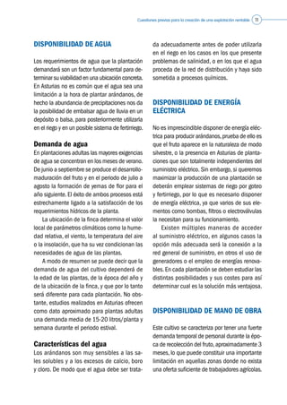 Cuestiones previas para la creación de una explotación rentable 11
DISPONIBILIDAD DE AGUA
Los requerimientos de agua que la plantación
demandará son un factor fundamental para de-
terminar su viabilidad en una ubicación concreta.
En Asturias no es común que el agua sea una
limitación a la hora de plantar arándanos, de
hecho la abundancia de precipitaciones nos da
la posibilidad de embalsar agua de lluvia en un
depósito o balsa, para posteriormente utilizarla
en el riego y en un posible sistema de fertirriego.
Demanda de agua
En plantaciones adultas las mayores exigencias
de agua se concentran en los meses de verano.
De junio a septiembre se produce el desarrollo-
maduración del fruto y en el periodo de julio a
agosto la formación de yemas de flor para el
año siguiente. El éxito de ambos procesos está
estrechamente ligado a la satisfacción de los
requerimientos hídricos de la planta.
	 La ubicación de la finca determina el valor
local de parámetros climáticos como la hume-
dad relativa, el viento, la temperatura del aire
o la insolación, que ha su vez condicionan las
necesidades de agua de las plantas.
	 A modo de resumen se puede decir que la
demanda de agua del cultivo dependerá de
la edad de las plantas, de la época del año y
de la ubicación de la finca, y que por lo tanto
será diferente para cada plantación. No obs-
tante, estudios realizados en Asturias ofrecen
como dato aproximado para plantas adultas
una demanda media de 15-20 litros/planta y
semana durante el periodo estival.
Características del agua
Los arándanos son muy sensibles a las sa-
les solubles y a los excesos de calcio, boro
y cloro. De modo que el agua debe ser trata-
da adecuadamente antes de poder utilizarla
en el riego en los casos en los que presente
problemas de salinidad, o en los que el agua
proceda de la red de distribución y haya sido
sometida a procesos químicos.
DISPONIBILIDAD DE ENERGÍA
ELÉCTRICA
No es imprescindible disponer de energía eléc-
trica para producir arándanos,prueba de ello es
que el fruto aparece en la naturaleza de modo
silvestre, o la presencia en Asturias de planta-
ciones que son totalmente independientes del
suministro eléctrico. Sin embargo, si queremos
maximizar la producción de una plantación se
deberán emplear sistemas de riego por goteo
y fertirriego, por lo que es necesario disponer
de energía eléctrica, ya que varios de sus ele-
mentos como bombas, filtros o electroválvulas
la necesitan para su funcionamiento.
	 Existen múltiples maneras de acceder
al suministro eléctrico, en algunos casos la
opción más adecuada será la conexión a la
red general de suministro, en otros el uso de
generadores o el empleo de energías renova-
bles.En cada plantación se deben estudiar las
distintas posibilidades y sus costes para así
determinar cual es la solución más ventajosa.
DISPONIBILIDAD DE MANO DE OBRA
Este cultivo se caracteriza por tener una fuerte
demanda temporal de personal durante la épo-
ca de recolección del fruto,aproximadamente 3
meses, lo que puede constituir una importante
limitación en aquellas zonas donde no exista
una oferta suficiente de trabajadores agrícolas.
 