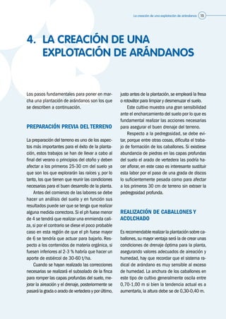 La creación de una explotación de arándanos 15
Los pasos fundamentales para poner en mar-
cha una plantación de arándanos son los que
se describen a continuación.
PREPARACIÓN PREVIA DEL TERRENO
La preparación del terreno es uno de los aspec-
tos más importantes para el éxito de la planta-
ción, estos trabajos se han de llevar a cabo al
final del verano o principios del otoño y deben
afectar a los primeros 25-30 cm del suelo ya
que son los que explorarán las raíces y, por lo
tanto, los que tienen que reunir las condiciones
necesarias para el buen desarrollo de la planta.
	 Antes del comienzo de las labores se debe
hacer un análisis del suelo y en función sus
resultados puede ser que se tenga que realizar
alguna medida correctora.Si el ph fuese menor
de 4 se tendrá que realizar una enmienda cali-
za,si por el contrario se diese el poco probable
caso en esta región de que el ph fuese mayor
de 6 se tendría que actuar para bajarlo. Res-
pecto a los contenidos de materia orgánica, si
fuesen inferiores al 2-3 % habría que hacer un
aporte de estiércol de 30-60 t/ha.
	 Cuando se hayan realizado las correcciones
necesarias se realizará el subsolado de la finca
para romper las capas profundas del suelo, me-
jorar la aireación y el drenaje, posteriormente se
pasará la grada o arado de vertedera y por último,
justo antes de la plantación,se empleará la fresa
o rotovátor para limpiar y desmenuzar el suelo.
	 Este cultivo muestra una gran sensibilidad
ante el encharcamiento del suelo por lo que es
fundamental realizar las acciones necesarias
para asegurar el buen drenaje del terreno.
	 Respecto a la pedregosidad, se debe evi-
tar, porque entre otras cosas, dificulta el traba-
jo de formación de los caballones. Si existiese
abundancia de piedras en las capas profundas
del suelo el arado de vertedera las podría ha-
cer aflorar, en este caso es interesante sustituir
esta labor por el paso de una grada de discos
lo suficientemente pesada como para afectar
a los primeros 30 cm de terreno sin extraer la
pedregosidad profunda.
REALIZACIÓN DE CABALLONES Y
ACOLCHADO
Es recomendable realizar la plantación sobre ca-
ballones,su mayor ventaja será la de crear unas
condiciones de drenaje óptima para la planta,
asegurando valores adecuados de aireación y
humedad, hay que recordar que el sistema ra-
dical de arándano es muy sensible al exceso
de humedad. La anchura de los caballones en
este tipo de cultivo generalmente oscila entre
0,70-1,00 m si bien la tendencia actual es a
aumentarla, la altura debe se de 0,30-0,40 m.
4.	 LA CREACIÓN DE UNA
EXPLOTACIÓN DE ARÁNDANOS
 