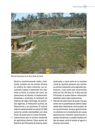 Líneas de ayuda 39
Área de descanso en la finca Chao da Serra
©Ucofa
técnica y económicamente viable y, final-
mente, cumplan con las normas mínimas
en materia de medio ambiente. Las ac-
tuaciones sujetas a subvención han sido,
hasta la fecha, el análisis del suelo, las
operaciones de laboreo, el destoconado,
entutorado y acolchado, la instalación de
sistemas de riego y fertirriego, las enmien-
das orgánicas, la fertilización química, los
fitosanitarios y los plantones. El importe
máximo subvencionable ha sido de 22.000
euros/ha, siendo incompatibles con otras
líneas de ayuda para la misma finalidad.
•	 Subvenciones para la primera instalación
de agricultores jóvenes. Estas ayudas del
Gobierno del Principado de Asturias están
destinadas a cubrir parte de la inversión
inicial de aquellas personas que realicen
su primera instalación como agricultor pro-
fesional y cuya edad esté comprendida
entre los 18 y 40 años. En el sitio web del
Principado se puede obtener información
detallada sobre estas subvenciones.
•	 Además de estas líneas de ayuda, hay que
contar con la posibilidad de obtener apoyo
desde otras instituciones,como pueden ser
los ayuntamientos. Aunque generalmente
no colaboran en la implantación de nuevas
explotaciones mediante subvenciones o
ayudas económicas,si pueden facilitar otro
tipo de apoyo, como el acceso al agua o a
terrenos comunales.
 