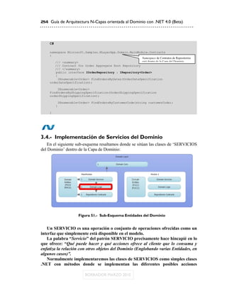 214 Guía de Arquitectura N-Capas orientada al Dominio con .NET 4.0 (Beta)




    C#

    namespace Microsoft.Samples.NLayerApp.Domain.MainModule.Contracts
    {
                                                         Namespace de Contratos de Repositorios
       /// <summary>                                     está dentro de la Capa del Dominio
       /// Contract for Order Aggregate Root Repository
       /// </summary>
       public interface IOrderRepository : IRepository<Order>
       {
         IEnumerable<Order> FindOrdersByDates(OrderDateSpecification
    orderDateSpecification);

        IEnumerable<Order>
    FindOrdersByShippingSpecification(OrderShippingSpecification
    orderShippingSpecification);

             IEnumerable<Order> FindOrdersByCustomerCode(string customerCode);
         }

    }




3.4.- Implementación de Servicios del Dominio
   En el siguiente sub-esquema resaltamos donde se sitúan las clases de „SERVICIOS
del Dominio‟ dentro de la Capa de Dominio:




                        Figura 51.- Sub-Esquema Entidades del Dominio


   Un SERVICIO es una operación o conjunto de operaciones ofrecidas como un
interfaz que simplemente está disponible en el modelo.
   La palabra “Servicio” del patrón SERVICIO precisamente hace hincapié en lo
que ofrece: “Qué puede hacer y qué acciones ofrece al cliente que lo consuma y
enfatiza la relación con otros objetos del Dominio (Englobando varias Entidades, en
algunos casos)”.
   Normalmente implementaremos las clases de SERVICIOS como simples clases
.NET con métodos donde se implementan las diferentes posibles acciones
 