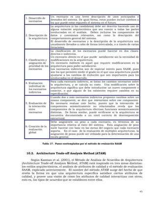 45
1. Desarrollo de
escenarios
Un escenario es una breve descripción de usos anticipados o
deseados del sistema. De igual forma, estos pueden incluir cambios a
los que puede estar expuesto el sistema en el futuro.
2. Descripción de
la arquitectura
La arquitectura (o las candidatas) debe ser descrita haciendo uso de
alguna notación arquitectónica que sea común a todas las partes
involucradas en el análisis. Deben incluirse los componentes de
datos y conexiones relevantes, así como la descripción del
comportamiento general del sistema.
El desarrollo de escenarios y la descripción de la arquitectura son
usualmente llevados a cabo de forma intercalada, o a través de varias
iteraciones.
3. Clasificación y
asignación de
prioridad de los
escenarios
La clasificación de los escenarios puede hacerse en dos clases:
directos e indirectos.
Un escenario directo es el que puede satisfacerse sin la necesidad de
modificaciones en la arquitectura.
Un escenario indirecto es aquel que requiere modificaciones en la
arquitectura para poder satisfacerse.
Los escenarios indirectos son de especial interés para SAAM, pues
son los que permiten medir el grado en el que una arquitectura puede
ajustarse a los cambios de evolución que son importantes para los
involucrados en el desarrollo.
4. Evaluación
individual de
los escenarios
indirectos
Para cada escenario indirecto, se listan los cambios necesarios sobre
la arquitectura, y se calcula su costo. Una modificación sobre la
arquitectura significa que debe introducirse un nuevo componente o
conector, o que alguno de los existentes requiere cambios en su
especificación.
5. Evaluación de
la interacción
entre
escenarios
Cuando dos o más escenarios indirectos proponen cambios sobre un
mismo componente, se dice que interactúan sobre ese componente.
Es necesario evaluar este hecho, puesto que la interacción de
componentes semánticamente no relacionados revela que los
componentes de la arquitectura efectúan funciones semánticamente
distintas. De forma similar, puede verificarse si la arquitectura se
encuentra documentada a un nivel correcto de descomposición
estructural.
6. Creación de la
evaluación
global
Debe asignársele un peso a cada escenario, en términos de su
importancia relativa al éxito del sistema. Esta asignación de peso
suele hacerse con base en las metas del negocio que cada escenario
soporta. En el caso de la evaluación de múltiples arquitecturas, la
asignación de pesos puede ser utilizada para la determinación de una
escala general.
Tabla 17. Pasos contemplados por el método de evaluación SAAM
10.2. Architecture Trade-off Analysis Method (ATAM)
Según Kazman et al. (2001), el Método de Análisis de Acuerdos de Arquitectura
(Architecture Trade-off Analysis Method, ATAM) está inspirado en tres áreas distintas:
los estilos arquitectónicos, el análisis de atributos de calidad y el método de evaluación
SAAM, explicado anteriormente. El nombre del método ATAM surge del hecho de que
revela la forma en que una arquitectura específica satisface ciertos atributos de
calidad, y provee una visión de cómo los atributos de calidad interactúan con otros;
esto es, los tipos de acuerdos que se establecen entre ellos.
 