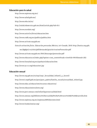 83
Recursos didácticos
Educación para la salud
http://www.sepiensa.org.mx/
http://www.salud.gob.mx/
http://www.who.int/es/
http://salud.edomexico.gob.mx/html/article.php?sid=911
http://www.enredate.org/
http://www.unicef.es/letras/educacion.htm
http://www.cndh.org.mx/publica/publica.htm
http://www.activate.sep.gob.mx
Guía de activación física. Educación preescolar, México, sep-Conade, 2010: http://basica.sep.gob.
mx/dgdgie/cva/sitio/pdf/destacado/guiaActivacionPreescolar.pdf
http://www.activate.sep.gob.mx:7041/descargas/preescolar.pdf
http://www.educastur.es/index.php?option=com_content&task=view&id=991&Itemid=202
http://www.funsalud.org.mx/quehacer/educacion.htm
http://www.ua-cc.org/educacion1.jsp
Educación sexual
http://www.sep.gob.mx/es/sep1/sep1_Sexualidad_Infantil_y_Juvenil
http://www2.sepdf.gob.mx/para/para_padres/familia_escuela/sexualidad_infantil.jsp
http://www.educ.ar/educar/site/recursos-educativos/
http://www.educacionenvalores.org/
http://www.pesi-amssac.com/infantilqueessexualidad.html
http://www.amssac.org/biblioteca%20sexualidad%20a%20traves%20del%20desarrollo.htm
http://www.sepiensa.org.mx/sepiensa2009/docentes.html
http://www.fundacionesar.org/
 