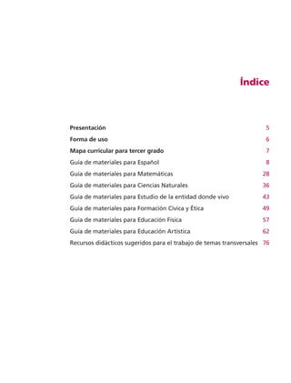 Índice



                       Presentación 	                                                        5
                       Forma de uso	                                                         6
                       Mapa curricular para tercer grado	                                    7
                       Guía de materiales para Español	                                      8
                       Guía de materiales para Matemáticas	                                 28
                       Guía de materiales para Ciencias Naturales	                          36
                       Guía de materiales para Estudio de la entidad donde vivo	            43
                       Guía de materiales para Formación Cívica y Ética	                    49
                       Guía de materiales para Educación Física	                            57
                       Guía de materiales para Educación Artística	                         62
                       Recursos didácticos sugeridos para el trabajo de temas transversales	 76




AB-GUIA-ART-3.indd 3                                                                        25/3/11 09:49:34
 