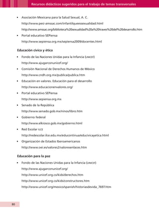 Recursos didácticos sugeridos para el trabajo de temas transversales


               •	 Asociación Mexicana para la Salud Sexual, A. C.

                    http://www.pesi-amssac.com/infantilqueessexualidad.html

                    http://www.amssac.org/biblioteca%20sexualidad%20a%20traves%20del%20desarrollo.htm

               •	 Portal educativo SEPiensa

                    http://www.sepiensa.org.mx/sepiensa2009/docentes.html

                Educación cívica y ética

               •	 Fondo de las Naciones Unidas para la Infancia (unicef)

                    http://www.ajugarconunicef.org/

               •	 Comisión Nacional de Derechos Humanos de México

                    http://www.cndh.org.mx/publica/publica.htm

               •	 Educación en valores. Educación para el desarrollo

                    http://www.educacionenvalores.org/

               •	 Portal educativo SEPiensa

                    http://www.sepiensa.org.mx

               •	 Senado de la República

                    http://www.senado.gob.mx/ninos/libro.htm

               •	 Gobierno federal

                    http://www.elkiosco.gob.mx/gobierno.html

               •	 Red Escolar ILCE

                    http://redescolar.ilce.edu.mx/educontinua/educivicayetica.html

               •	 Organización de Estados Iberoamericanos

                    http://www.oei.es/valores2/valoresenlaces.htm

                Educación para la paz

               •	 Fondo de las Naciones Unidas para la Infancia (unicef)

                    http://www.ajugarconunicef.org/

                    http://www.unicef.org.co/kids/derechos.htm

                    http://www.unicef.org.co/kids/constructores.htm

                    http://www.unicef.org/mexico/spanish/historiasdevida_7697.htm




         80


AB-GUIA-ART-3.indd 80                                                                                   25/3/11 09:50:43
 