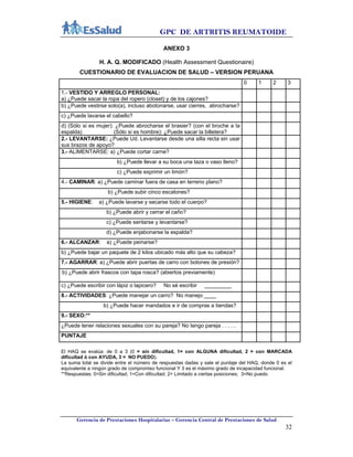 GPC DE ARTRITIS REUMATOIDE
Gerencia de Prestaciones Hospitalarias – Gerencia Central de Prestaciones de Salud
32
ANEXO 3
H. A. Q. MODIFICADO (Health Assessment Questionaire)
CUESTIONARIO DE EVALUACION DE SALUD – VERSION PERUANA
0 1 2 3
1.- VESTIDO Y ARREGLO PERSONAL:
a) ¿Puede sacar la ropa del ropero (closet) y de los cajones?
b) ¿Puede vestirse solo(a), incluso abotonarse, usar cierres, abrocharse?
c) ¿Puede lavarse el cabello?
d) (Sólo si es mujer): ¿Puede abrocharse el brasier? (con el broche a la
espalda) (Sólo si es hombre): ¿Puede sacar la billetera?
2.- LEVANTARSE: ¿Puede Ud. Levantarse desde una silla recta sin usar
sus brazos de apoyo?
3.- ALIMENTARSE: a) ¿Puede cortar carne?
b) ¿Puede llevar a su boca una taza o vaso lleno?
c) ¿Puede exprimir un limón?
4.- CAMINAR: a) ¿Puede caminar fuera de casa en terreno plano?
b) ¿Puede subir cinco escalones?
5.- HIGIENE: a) ¿Puede lavarse y secarse todo el cuerpo?
b) ¿Puede abrir y cerrar el caño?
c) ¿Puede sentarse y levantarse?
d) ¿Puede enjabonarse la espalda?
6.- ALCANZAR: a) ¿Puede peinarse?
b) ¿Puede bajar un paquete de 2 kilos ubicado más alto que su cabeza?
7.- AGARRAR: a) ¿Puede abrir puertas de carro con botones de presión?
b) ¿Puede abrir frascos con tapa rosca? (abiertos previamente)
c) ¿Puede escribir con lápiz o lapicero? No sé escribir _________
8.- ACTIVIDADES: ¿Puede manejar un carro? No manejo ____
b) ¿Puede hacer mandados e ir de compras a tiendas?
9.- SEXO:**
¿Puede tener relaciones sexuales con su pareja? No tengo pareja . . . . .
PUNTAJE
El HAQ se evalúa: de 0 a 3 (0 = sin dificultad, 1= con ALGUNA dificultad, 2 = con MARCADA
dificultad ó con AYUDA, 3 = NO PUEDO).
La suma total se divide entre el número de respuestas dadas y sale el puntaje del HAQ, donde 0 es el
equivalente a ningún grado de compromiso funcional Y 3 es el máximo grado de incapacidad funcional.
**Respuestas: 0=Sin dificultad; 1=Con dificultad; 2= Limitado a ciertas posiciones; 3=No puedo
 