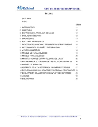 GPC DE ARTRITIS REUMATOIDE
Gerencia de Prestaciones Hospitalarias – Gerencia Central de Prestaciones de Salud
6
ÍNDICE
RESUMEN
CIE10
Página
1 INTRODUCCION 11
2 OBJETIVOS 12
3 DEFINICION DEL PROBLEMA DE SALUD 12
4 POBLACION OBJETIVO 12
5 DIAGNOSTICO 13
6 FACTORES PRONOSTICOS 15
7 INDICES DE EVALUACION Y SEGUIMIENTO DE ENFERMEDAD 16
8 DETERMINACION DEL DAÑO Y DISCAPACIDAD 17
9 AYUDA DIAGNOSTICA 18
10 MANEJO NO FARMACOLOGICO 19
11 MANEJO FARMACOLÓGICO 20
12 MANIFESTACIONES EXTRARTICULARES DE LA AR 25
13 FLUJOGRAMA Y ALGORITMOS DE LAS DECISIONES CLINICAS 26
14 NIVELES DE ATENCION 26
15 CRITERIOS DE ALTA, REFERENCIA Y CONTRAREFERENCIA 27
16 RECURSOS HUMANOS, DE INFRAESTRUCTURA Y EQUIPAMIENTO 28
17 DECLARACIÓN DE AUSENCIA DE CONFLICTO DE INTERESES 28
18 ANEXOS 30
19 BIBLIOGRAFIA 38
 