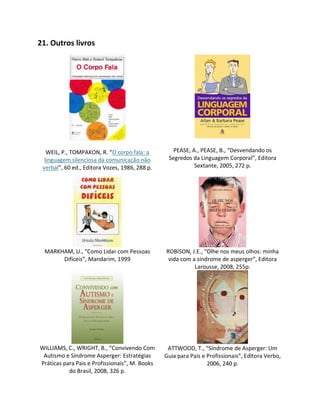 21. Outros livros
WEIL, P., TOMPAKON, R. “O corpo fala: a
linguagem silenciosa da comunicação não
verbal”, 60 ed., Editora Vozes, 1986, 288 p.
PEASE, A., PEASE, B., “Desvendando os
Segredos da Linguagem Corporal”, Editora
Sextante, 2005, 272 p.
MARKHAM, U., “Como Lidar com Pessoas
Difíceis”, Mandarim, 1999
ROBISON, J.E., “Olhe nos meus olhos: minha
vida com a sindrome de asperger”, Editora
Larousse, 2008, 255p.
WILLIAMS, C., WRIGHT, B., “Convivendo Com
Autismo e Síndrome Asperger: Estratégias
Práticas para Pais e Profissionais”, M. Books
do Brasil, 2008, 326 p.
ATTWOOD, T., “Síndrome de Asperger: Um
Guia para Pais e Profissionais”, Editora Verbo,
2006, 240 p.
 