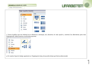 Código: FOR-GA-83/Versión 1 
DESARROLLO SESION DE CLASES 
Página6 
4. Como el gráfico que nos interesa es en referencia a Jerarquía, nos ubicamos en esta opción y veremos las alternativas para crear organigramas. Seleccionamos una de estas opciones 
5. En nuestra hoja de trabajo aparecerá un Organigrama base, de acuerdo al tipo que hemos seleccionado  
