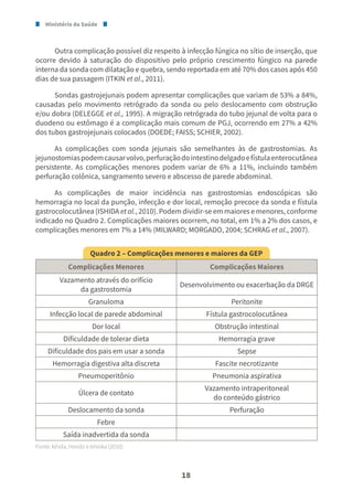 Ministério da Saúde
18
Outra complicação possível diz respeito à infecção fúngica no sítio de inserção, que
ocorre devido à saturação do dispositivo pelo próprio crescimento fúngico na parede
interna da sonda com dilatação e quebra, sendo reportada em até 70% dos casos após 450
dias de sua passagem (ITKIN et al., 2011).
Sondas gastrojejunais podem apresentar complicações que variam de 53% a 84%,
causadas pelo movimento retrógrado da sonda ou pelo deslocamento com obstrução
e/ou dobra (DELEGGE et al., 1995). A migração retrógrada do tubo jejunal de volta para o
duodeno ou estômago é a complicação mais comum de PGJ, ocorrendo em 27% a 42%
dos tubos gastrojejunais colocados (DOEDE; FAISS; SCHIER, 2002).
As complicações com sonda jejunais são semelhantes às de gastrostomias. As
jejunostomiaspodemcausarvolvo,perfuraçãodointestinodelgadoefístulaenterocutânea
persistente. As complicações menores podem variar de 6% a 11%, incluindo também
perfuração colônica, sangramento severo e abscesso de parede abdominal.
As complicações de maior incidência nas gastrostomias endoscópicas são
hemorragia no local da punção, infecção e dor local, remoção precoce da sonda e fístula
gastrocolocutânea (ISHIDA et al., 2010). Podem dividir-se em maiores e menores, conforme
indicado no Quadro 2. Complicações maiores ocorrem, no total, em 1% a 2% dos casos, e
complicações menores em 7% a 14% (MILWARD; MORGADO, 2004; SCHRAG et al., 2007).
Quadro 2 – Complicações menores e maiores da GEP
Complicações Menores Complicações Maiores
Vazamento através do orifício
da gastrostomia
Desenvolvimento ou exacerbação da DRGE
Granuloma Peritonite
Infecção local de parede abdominal Fístula gastrocolocutânea
Dor local Obstrução intestinal
Dificuldade de tolerar dieta Hemorragia grave
Dificuldade dos pais em usar a sonda Sepse
Hemorragia digestiva alta discreta Fascite necrotizante
Pneumoperitônio Pneumonia aspirativa
Úlcera de contato
Vazamento intraperitoneal
do conteúdo gástrico
Deslocamento da sonda Perfuração
Febre
Saída inadvertida da sonda
Fonte: Ishida, Hondo e Ishioka (2010).
 