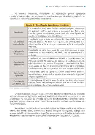 Guia de Atenção à Saúde da Pessoa com Estomia
21
As estomias intestinais, dependendo da localização, podem apresentar
características peculiares ao segmento do intestino em que foi realizada, podendo ser
classificadas conforme apresentado no Quadro 3.
Quadro 3 – Classificação das estomias intestinais
Ileostomia
É a exteriorização da parte final do intestino delgado, decorrente
de qualquer motivo que impeça a passagem das fezes pelo
intestino grosso. Os efluentes, nesse caso, são mais líquidos do
que os eliminados por uma colostomia.
Colostomia
Ascendente
É realizada com a parte ascendente do cólon (lado direito do
intestino grosso). As fezes são líquidas ou semilíquidas, nos
primeiros dias após a cirurgia, e pastosas após a readaptação
intestinal.
Colostomia
Transversa
É realizada na parte transversa do cólon (porção entre o cólon
ascendente e descendente). As fezes são de semilíquidas a
pastosas.
Colostomia
Descendente
É realizada na parte descendente do cólon (lado esquerdo do
intestino grosso). As fezes são de pastosas a sólidas e, no início,
o funcionamento do estoma é irregular, podendo eliminar fezes
várias vezes ao dia, em diferentes momentos. Com o tempo, o
funcionamento pode se regularizar, mas será sempre involuntário.
Colostomia
Sigmoide
É realizada na parte do sigmoide. As fezes são de firmes a sólidas
(semelhantes às fezes eliminadas pelo ânus) e também é possível
adquirir regularidade.
Colostomia
Úmida em Alça
É realizada para permitir a saída de urina e de fezes pelo mesmo
estoma. É uma alternativa para pessoas que necessitam de dupla
derivação (aparelho urinário e digestório).
Fonte: Meirelles e Ferraz (2001).
Em alguns casos é possível realizar a reversão da estomia intestinal. Essa reversão é
um procedimento cirúrgico para reconstrução do trânsito intestinal, no tempo oportuno.
A celeridade na realização da reversão apresenta benefícios tanto ao sistema de saúde
quanto às pessoas, visto que reduz o custo do tratamento e melhora a qualidade de vida
e a funcionalidade.
As possíveis complicações da estomia intestinal estão correlacionadas a diversos
fatores, tais como: idade, alimentação, técnica cirúrgica inadequada, esforço físico
precoce, deficiência no autocuidado, infecções, aumento de peso, localização inadequada
da estomia e uso incorreto dos dispositivos prescritos (SANTOS; CESARETTI, 2015).
 