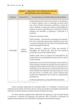 Ministério da Saúde
36
Quadro 7 – Dispositivos mais utilizados em estomias
de eliminação e suas características
Estomia Dispositivos Características e Cuidados Mínimos Necessários
Eliminação
Bolsas
coletoras
Independentemente do tipo de estoma e do efluente,
o material plástico para a confecção da bolsa deve
ser macio; flexível; silencioso; resistente à prova de
odor, umidade e vazamento; atóxico e hipoalergênico.
Somam-se outros requisitos para a eficiência da bolsa
coletora; por exemplo, a segurança, a discrição e o
conforto.
Podem ser descritas como:
Bolsa fechada – não permite a drenagem do efluente.
Por isso, é indicada apenas para colostomia com uma
ou duas eliminações por dia. Deve ser descartada após
cada eliminação de efluente.
Bolsa drenável – refere-se à bolsa que permite a
drenagem do efluente por meio de uma abertura
localizada na sua extremidade inferior.
Podem ainda variar no aspecto da transparência, da
translucidez ou da opacidade do material com o qual é
confeccionada.
Apresentam-se com uma ou duas peças. Nesse último, a
bolsa coletora encontra-se separada da base adesiva. A
junção da bolsa coletora à base adesiva ocorre por meio
do flange, que se refere ao aro, componente presente na
bolsa coletora do dispositivo de duas peças, por meio
do qual ocorre a conexão com a placa adesiva pelo
sistema de acoplamento de encaixe ou acoplamento
autoadesivo.
As bolsas apresentam, ainda, diferentes tamanhos.
Fonte: Secretaria de Estado de Saúde de Minas Gerais, 2015.
Outros produtos adjuvantes de proteção podem ser utilizados e prescritos por
profissionais da saúde. Entre eles, citam-se: lenço removedor ou limpador, lenço barreira
protetora, barreira protetora em pasta, barreira protetora em spray.
Há ainda aqueles equipamentos adjuvantes de segurança cuja principal função
é promover o aumento da segurança do paciente não só durante a utilização de
equipamentos coletores, como também no manejo do estoma de forma geral.
 