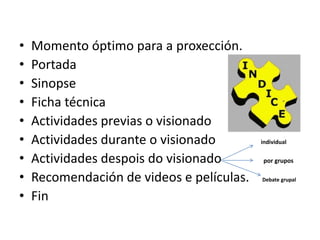 Momento óptimo para a proxección.PortadaSinopseFicha técnicaActividades previas o visionadoActividades durante o visionado              individualActividades despois do visionado             por gruposRecomendación de videos e películas.    Debate grupalFin
