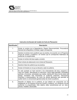 SECRETARÍA DE
            CONTRALORÍA Y
            DESARROLLO
            ADMINISTRATIVO

SUBSECRETARÍA DE NORMATIVIDAD Y CONTROL DE LA GESTIÓN PÚBLICA
DIRECCIÓN GENERAL DE AUDITORÍA GUBERNAMENTAL




                       Instructivo de llenado del modelo de Carta de Planeación

Identificador                                                   Descripción

       1.           Anotar el nombre de la Dependencia, Órgano Desconcentrado, Procuraduría
                    General de la República o Entidad, según corresponda.

       2.           Asentar el número de la auditoría que se practica, de acuerdo con el Programa
                    Anual de Control y Auditoría o el número que le corresponda tratándose de
                    auditorías no programadas.

       3.           Anotar el nombre del área sujeta a revisión.

       4.           Citar la fecha de elaboración de la Carta de Planeación.

       5.           Asentar el tipo de auditoría que se practica.

       6.           Anotar el trimestre en el que se llevará a cabo la auditoría.

       7.           En este apartado se hará mención a los antecedentes del área, programa o
                    rubro por auditar, describiendo su estructura, marco legal aplicable, principales
                    políticas y funciones, actividades que realiza, distribución física de las áreas de
                    trabajo, resultados más importantes en auditorías anteriores, información
                    financiera y presupuestaria, así como los demás elementos que permitan al
                    auditor tener un conocimiento general antes de iniciar la auditoría.

       8.           Describir el objetivo de la auditoría, el que deberá ser congruente con lo
                    establecido en el Programa Anual de Control y Auditoría, con excepción de las
                    auditorías no programadas. Este objetivo debe caracterizarse por ser claro,
                    preciso, medible y alcanzable.




                                                                                                     22
 
