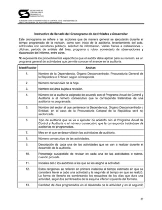 SECRETARÍA DE
             CONTRALORÍA Y
             DESARROLLO
             ADMINISTRATIVO

SUBSECRETARÍA DE NORMATIVIDAD Y CONTROL DE LA GESTIÓN PÚBLICA
DIRECCIÓN GENERAL DE AUDITORÍA GUBERNAMENTAL




                 Instructivo de llenado del Cronograma de Actividades a Desarrollar
Este cronograma se refiere a las acciones que de manera general se ejecutarán durante el
tiempo programado de la revisión, como son: inicio de la auditoría, levantamiento del acta,
entrevistas con servidores públicos, solicitud de información, visitas físicas a instalaciones u
oficinas, periodo de análisis del área, programa o rubro, comentario de observaciones y
elaboración del informe, entre otros.
No representa los procedimientos específicos que el auditor debe aplicar para su revisión, es un
programa general de actividades que permite conocer el avance en la auditoría.

Identificador                                                   Anotar:

       1.            Nombre de la Dependencia, Órgano Desconcentrado, Procuraduría General de
                     la República o Entidad, según corresponda.

       2.            Número consecutivo de la hoja.

       3.            Nombre del área sujeta a revisión.

       4.            Número de la auditoría asignado de acuerdo con el Programa Anual de Control y
                     Auditoría o el número consecutivo que le corresponda tratándose de una
                     auditoría no programada.

       5.            Nombre del sector al que pertenece la Dependencia, Órgano Desconcentrado o
                     Entidad, en el caso de la Procuraduría General de la República será no
                     sectorizada.

       6.            Tipo de auditoría que se va a ejecutar de acuerdo con el Programa Anual de
                     Control y Auditoría o el número consecutivo que le corresponda tratándose de
                     auditorías no programadas.

       7.            Mes en el que se desarrollarán las actividades de auditoría.

       8.            Número consecutivo de las actividades.

       9.            Descripción de cada una de las actividades que se van a realizar durante el
                     desarrollo de la auditoría.

       10.           Porcentaje susceptible de revisar en cada una de las actividades o rubros,
                     cuando proceda.

       11.           Iniciales del o los auditores a los que se les asignó la actividad.

       12.           Estos renglones se refieren en primera instancia al tiempo estimado en que se
                     considera llevar a cabo una actividad y la segunda al tiempo en que se realizó.
                     La forma de llenarlo es sombreando los recuadros de los días que dura una
                     actividad, según los sombreados de la esquina inferior izquierda del formato.

       13.           Cantidad de días programados en el desarrollo de la actividad y en el segundo



                                                                                                 27
 