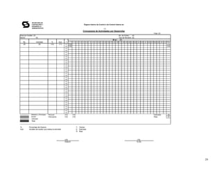 SECRETARIA DE
                CONTRALORÍA Y                                                           Órgano Interno de Control o de Control Interno en
                DESARROLLO
                ADMINISTRATIVO                                                                                      (1)
                                                                                    Cronograma de Actividades por Desarrollar
                                                                                                                                                                                                      Hoja: (2)
Área por Auditar: (3)                                                                                                                      No. de Orden:     (4)
Sector:               (5)                                                                                                                  Tipo de Revisión: (6)
                                                                                                                                    M es : (7)
    No.                Actividad            %         Aud.    T     1    2  3   4   5     6   7   8   9   10   11   12    13   14   15   16   17   18   19   20   21   22    23   24   25   26   27   28   29     30   31   Días
    (8)                   (9)              (10)       (11)    E (12)                                                                                                                                                        (13)
                                                              R   (12)                                                                                                                                                      (13)
                                                              E
                                                              R
                                                              E
                                                              R
                                                              E
                                                              R
                                                              E
                                                              R
                                                              E
                                                              R
                                                              E
                                                              R
                                                              E
                                                              R
                                                              E
                                                              R
                                                              E
                                                              R
                                                              E
                                                              R
                                                              E
                                                              R
                                                              E
                                                              R
                                                              E
                                                              R
                                                              E
                                                              R
                                                              E
                                                              R
                                                              E
                                                              R
               Sábados y Domingos      Personal              (14)      (15)                                                                                                                           Estimado:             16
               Asueto                  Participante          (14)      (15)                                                                                                                           Real:                 17
               Estimado
                Real


%:          Porcentaje del Alcance                                        T: Tiempo
Aud:        Iniciales del auditor que realiza la actividad                E: Estimado
                                                                          R: Real



                                                             (18)                                                                                                           (19)
                                                             Elaboró                                                                                                        Vo.Bo.




                                                                                                                                                                                                                                   29
 